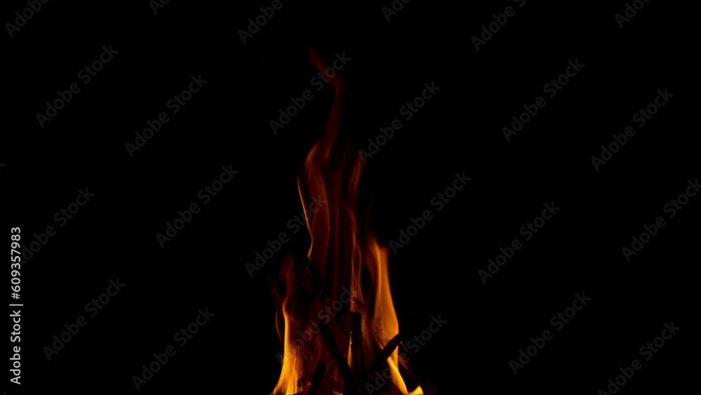 Fire flame burning wood on black screen background of slow motion video view Fire flame burning wood on black screen background of slow motion video view