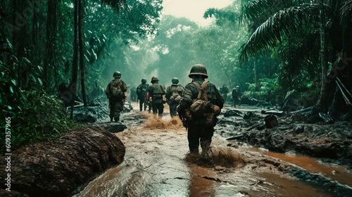 American soldiers walk through the swamp and mud in the jungles of Vietnam. Generative Ai photo