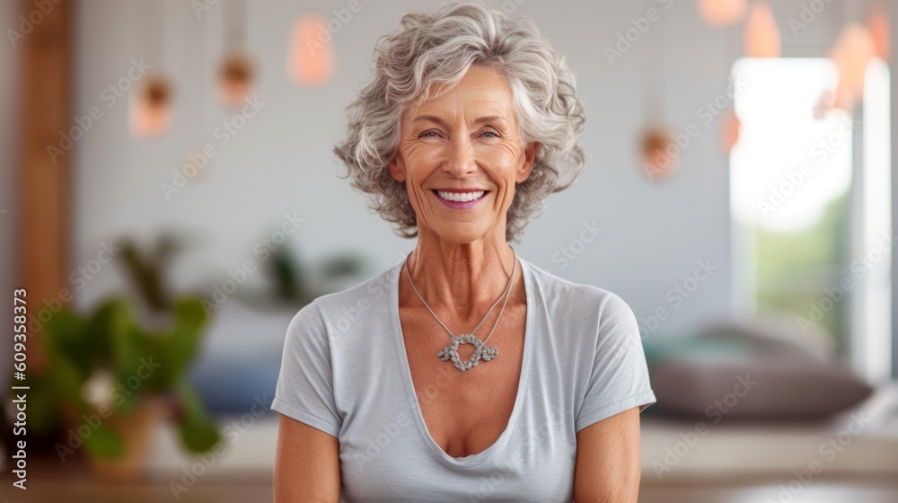 Portrait of a smiling beautiful senior woman. Best Exercises for Older Women. Yoga classes for seniors. Generative AI.