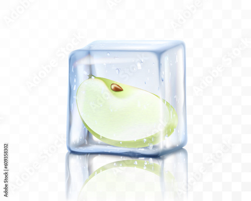 Fresh ripe apple piece in ice cube isolated on transparent background. Frozen green apple, realistic 3d vector illustration