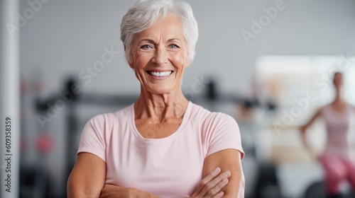 Portrait of a senior woman in a fitness studio. Generative AI.