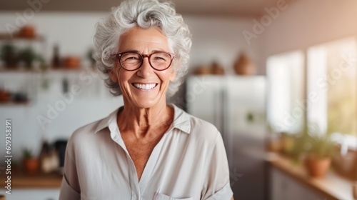 Portrait of a Smiling senior woman standing in her home. Portrait of grandmother. Generative AI.