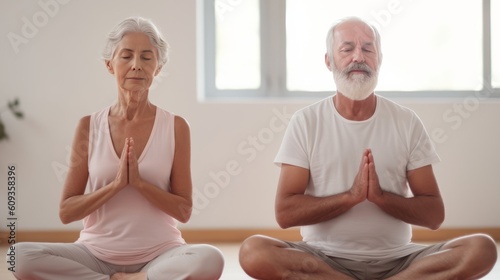 Senior couple meditating at home. Generative AI.