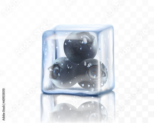 Fresh ripe blueberry in ice cube isolated on transparent background. Frozen blueberry, realistic 3d vector illustration