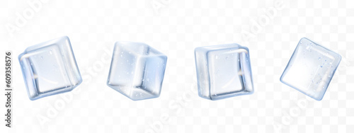 Ice cubes. Realistic transparent freeze water for alcohol and beverage for cooling, advertising elements, blue frozen clear crystal 3d pieces in different angles. Vector isolated set of frost blocks