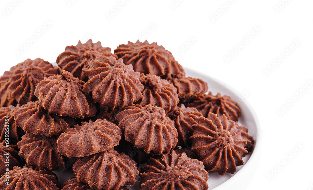 Stack of chocolate chip cookies on plate isolated Stack of chocolate chip cookies on plate isolated