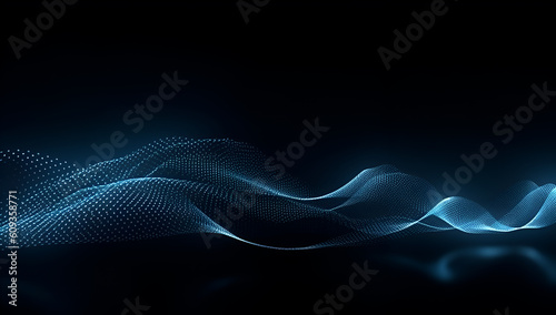 Abstract blue particle background. Flow wave with dot landscape. Digital data structure. Future mesh or sound grid. Generative Ai