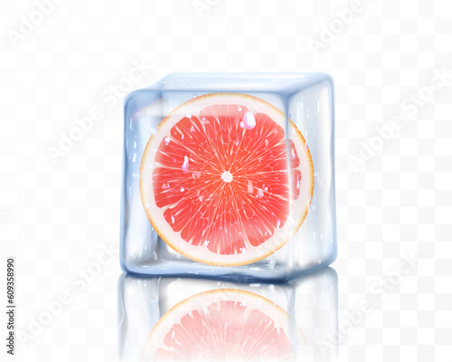 Fresh ripe grapefruit slice in ice cube isolated on transparent background. Frozen juicy grapefruit, realistic 3d vector illustration