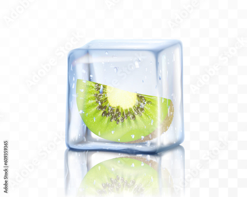 Fresh ripe kiwi slice in ice cube isolated on transparent background. Frozen piece of kiwi. Realistic 3d vector illustration