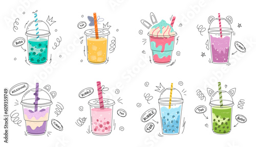 Set of Bubble Tea or Coffee Drinks Isolated on White Background. Pearl Milk Tea , Boba Yummy Beverages in Glass or Plastic Cups with Straw, Graphic Design Collection, Cartoon Vector Illustration