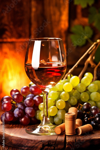 glass background wine winery beverage bottle wooden alcohol food grape drink. Generative AI.