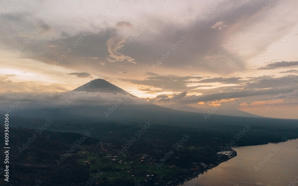 Sunset aerial view of Agung volcano in Bali, Indonesia.