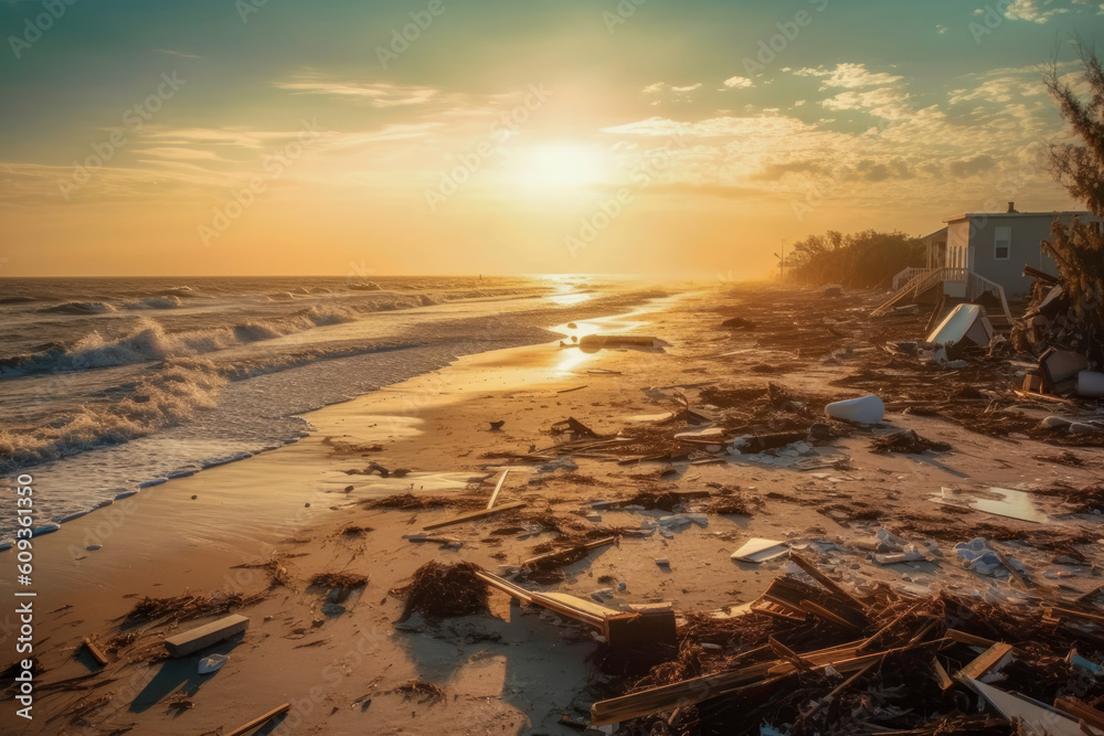 Aftermath of a hurricane, showing a beach covered in debris such as ...