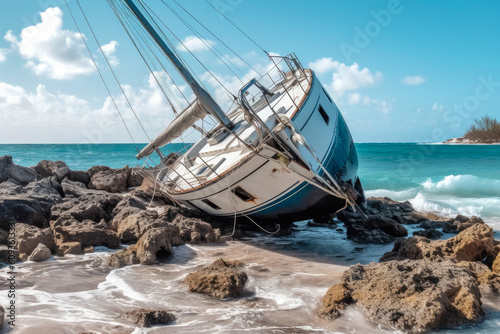 Yacht wrecked by Hurricane washes ashore. Generative AI.