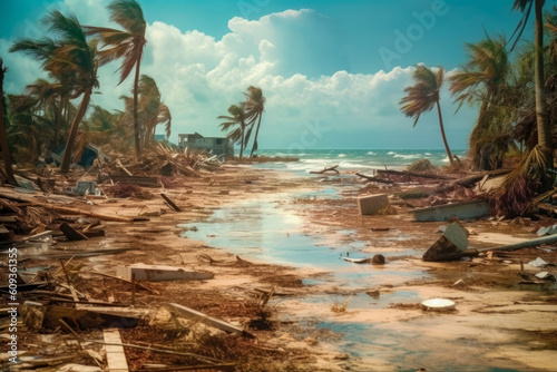 Powerful hurricane as debris covers a once-pristine beach area. Impact of severe weather events on coastal communities. Generative AI