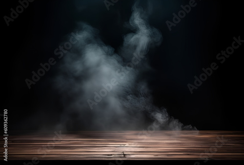 A table with smoke coming out of it and a black background. Generative Ai