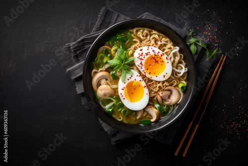 bowl soup chopstick vegetable noodle japanese meal ramen food asian. Generative AI.