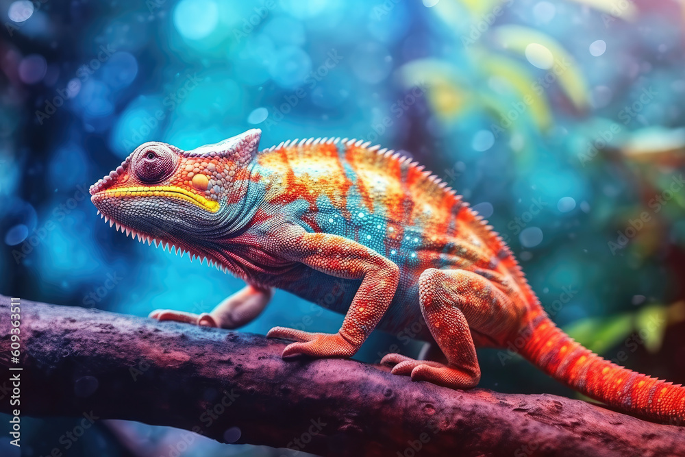 Close-up of colorful chameleon on the branch, Generative AI