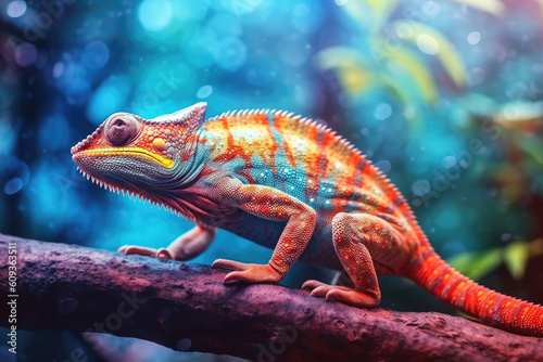 Close-up of colorful chameleon on the branch  Generative AI