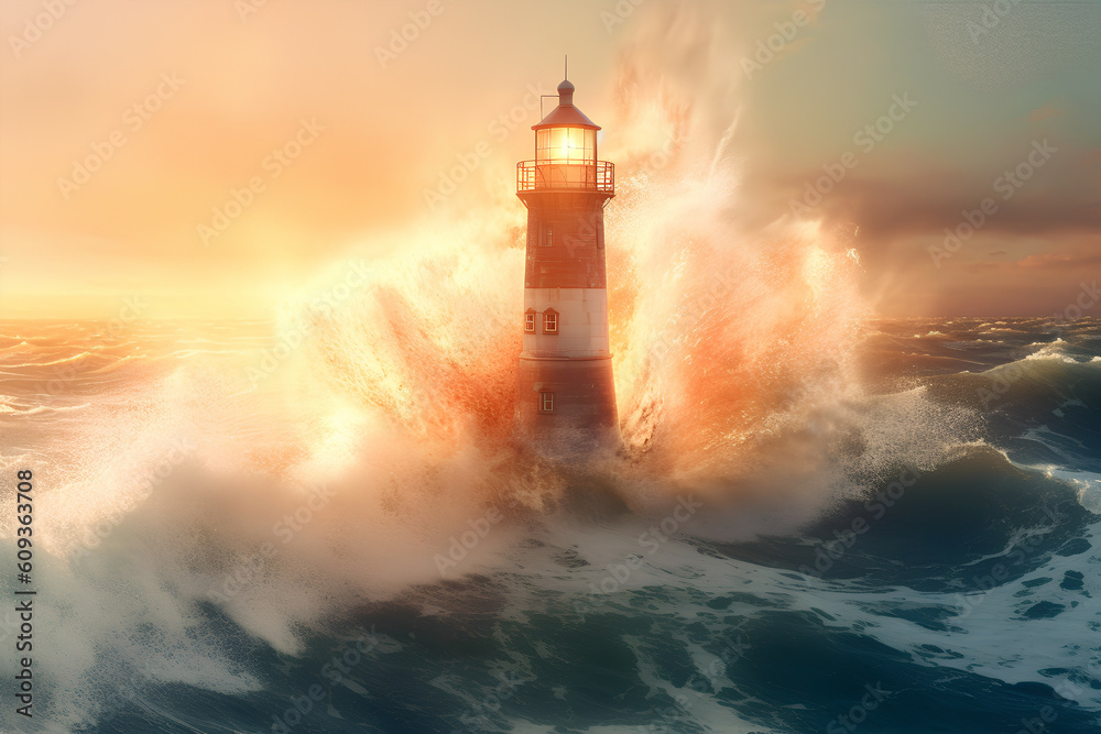 The power of nature: the lighthouse surrounded by powerful waves, Generative AI