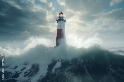 The power of nature: the lighthouse surrounded by powerful waves, Generative AI