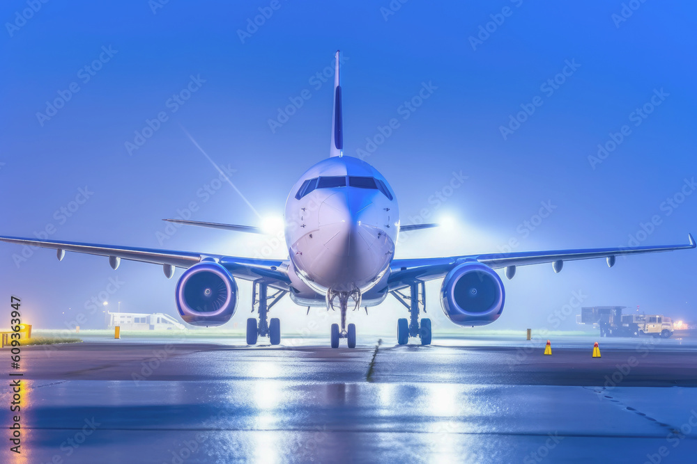 Obraz premium Heavy fog causes flight dalay, passanger plane waiting on the tarmac. Generative AI