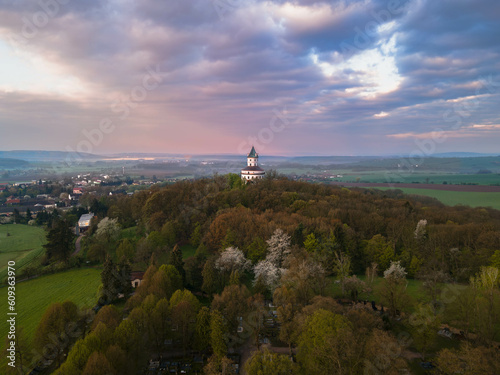 Drone view of the baroque chateau Humprecht with beautiful landscape during sunrise, Czechia photo