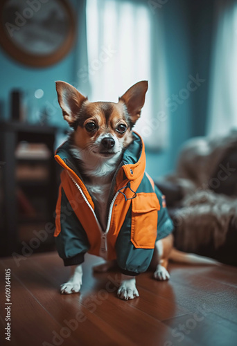 Fashionable clothes for dogs. A dog in stylish clothes on a coloraturas background. Funny portrait of a dog. Dog clothing store.