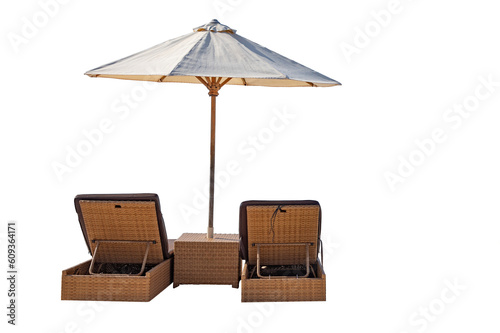 Two sunbeds or sun loungers with parasol isolated on pure white, copy-space