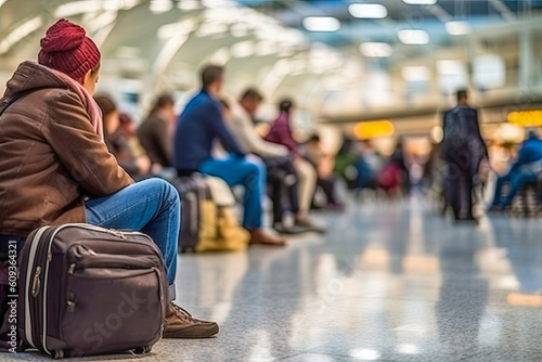 Frustrated passengers waiting at the airport due to flight delays. Bags are strewn about as people sit or stand. Generative AI.