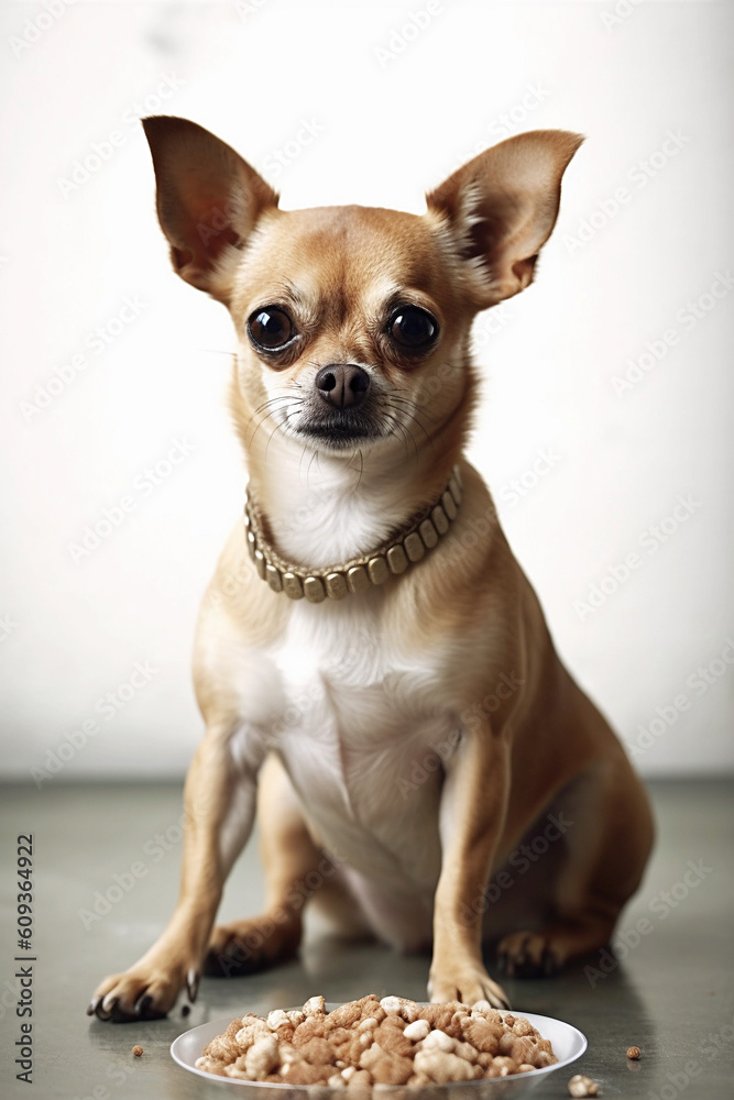 Dog food. funny Chihuahua dogs looking at the camera in home. Adorable pet. Waiting for the over. Dog food. Love for animals