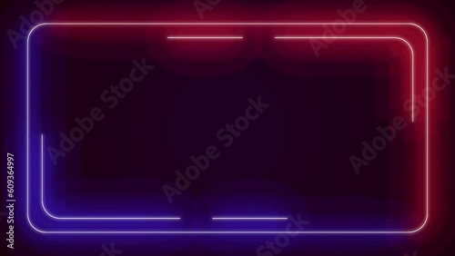 Animated neon glowing frame background. Colorful laser show aseamless loop 4K border. Futuristic light effect isolated on black. VJ backdrop for club, show, music video, and presentation. 3D animation photo