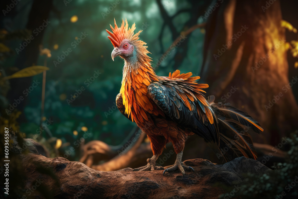 Fototapeta premium Mythical Phoenix Soars Through Ancient Forest Mystique and grandeur of the legendary creature. Generative AI.