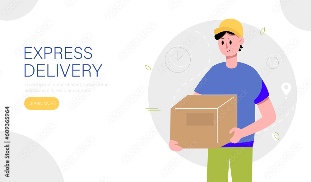 Express delivery landing page template. Delivery man holding a parcels box. illustration. Express delivery landing page template. Delivery man holding a parcels box. illustration.