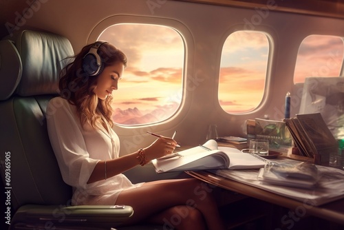 Woman Sitting in Private Jet and Working Generative AI photo