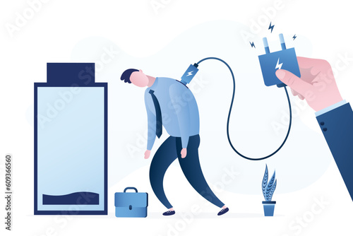 Tired employee needs charging, low battery sign. Burnout, sad overworked businessman without energy, boss hand holds charger. Break time for charging and rest.