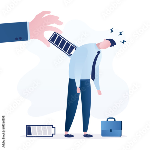 Tired businessman with empty battery. Boss hand inserts battery full of energy. Vacation, weekend, break time for relaxation and recovery. Time management, office day, workflow.