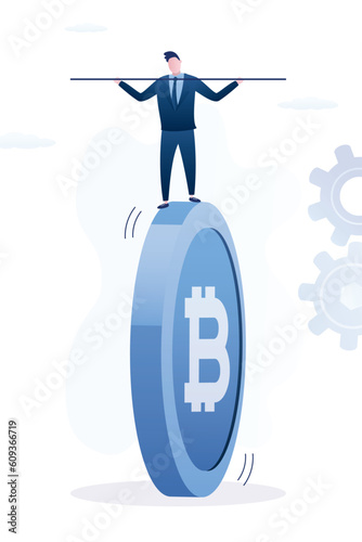 Confident investor balancing as acrobat on giant bitcoin. Cryptocurrency investment risk, balance between risk and return, businessman overcoming volatility and make profit.