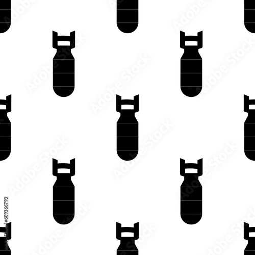 Seamless pattern with nuclear rocket air bomb. Aerial bombshell black silhouette on white background. Monochrome texture with rocket air bomb, weapons, bombshellile UI element