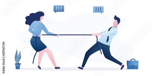 Tug of war. Conflict, fight over business, influence, profit. Two business people pull rope different directions. Colleagues confrontation. Family quarrel and problems