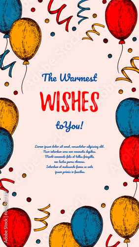 Birthday vertical greeting card. Poster with hand drawn elements. Celebration social media stories  template. Vector illustration in sketch style