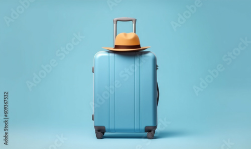 traveler blue holiday journey suitcase vacation baggage trip travel background hat. Generative AI. photo