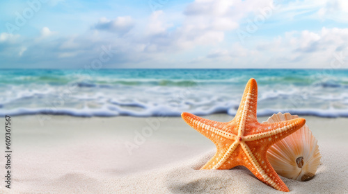 A starfish resting on the sand next to a beach