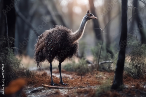 Moa, a giant flightless bird that once roamed the forests of New Zealand. Bird's remarkable size, with its towering height and long, powerful legs.  Generative AI