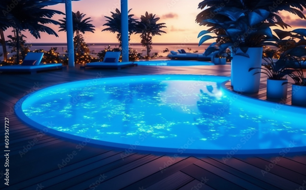 light large luxury holiday pool night water summer resort vacation. Generative AI.
