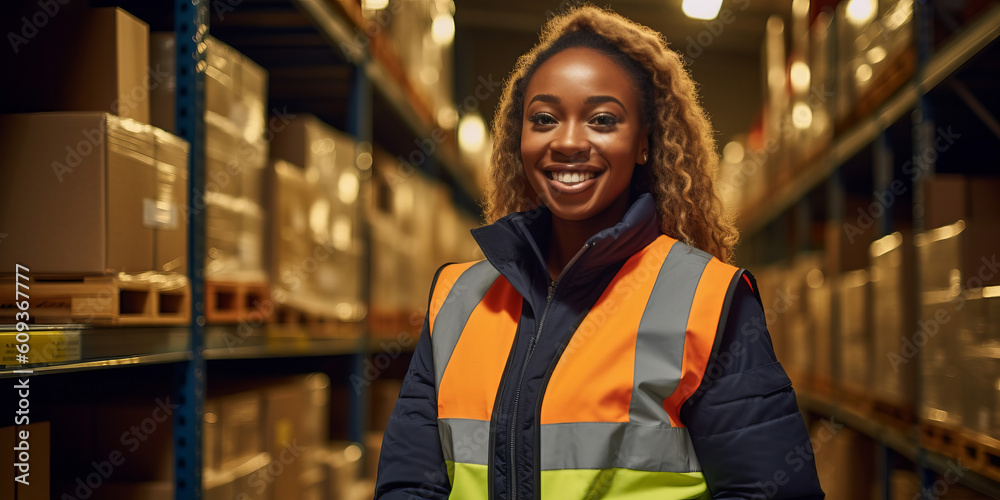 Portrait of a female warehouse worker wearing a hi-vis jacket stood in a distribution center. Generative ai