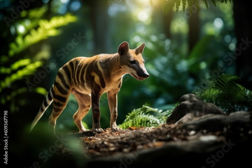 Extinct Tasmanian Tiger or thylacine, a fascinating marsupial predator that once roamed the Australian mainland and Tasmania.   Generative AI. photo