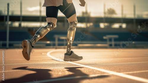 Close up of a disabled person with a prosthetic leg exercising on a sports track. Generative ai © Sattawat