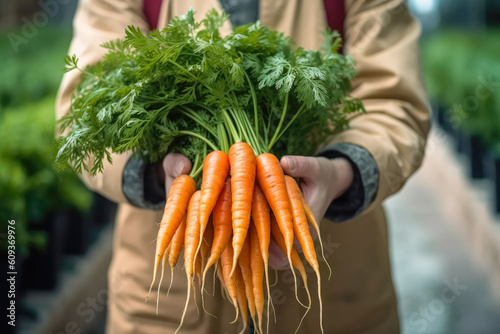 Close-up gardener with bunch of carrots in hands