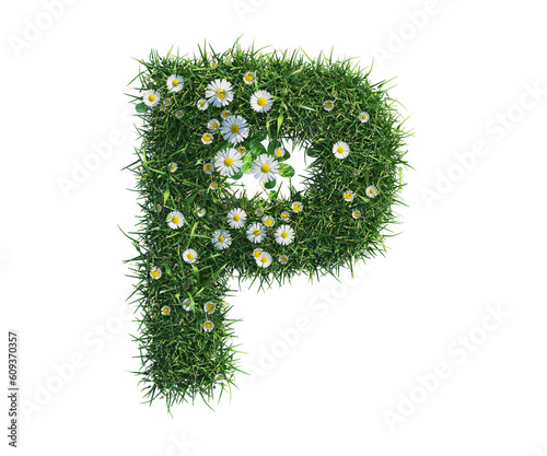 3D font letter P, cut out PNG, made of grass and daisy flowers, isolated on white background